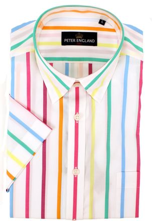 Peter England Bright Coloured Stripe Short Sleeve Cotton Shirt (UK, Alpha, XXL, Regular, Regular, Multicoloured)