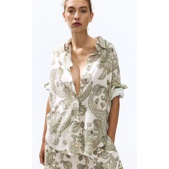 H&M Oversized Linen-blend Shirt in Light Beige/paisley at Nordstrom, Size X-Large