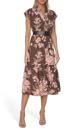 Calvin Klein Belted A-Line Commuter Dress in Coffee Bean/Desert Rose Multi at Nordstrom Rack, Size 16