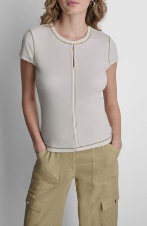 DKNY Contrast Stitch Cutout Detail Rib Top in Coconut at Nordstrom, Size X-Large