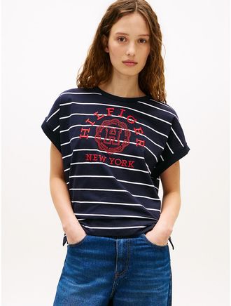 Tommy Hilfiger Womens Arch Logo Stripe Dolman Sleeve T-Shirt - Navy - XXL