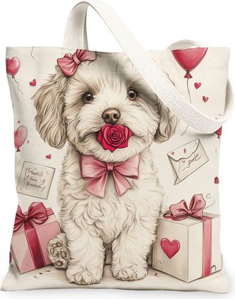 Generic Valentines Day Corgi Dog Canvas Tote Bag for Shopping 13x15, Fun Vintage Puppy Reusable Grocery Print Bag for Women, Lover Beach Aesthetic Painting Gi