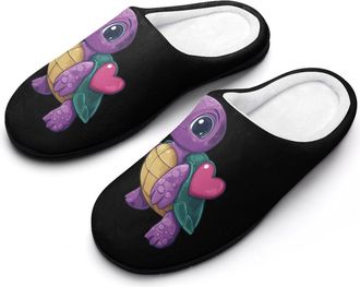Generic Purple Turtle with Heart Mens Warm Slippers Non-Slip Sole Winter Rubber Cotton Shoes for Bedroom