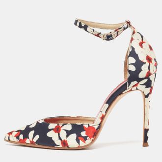 Carolina Herrera Tricolor Floral Print Satin Ankle Strap Pumps
