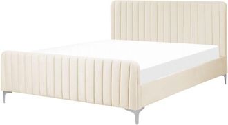 Beliani Velvet eu King Size Bed Tufted Headboard 5ft3 Metal Legs Slatted Base Beige Lunan