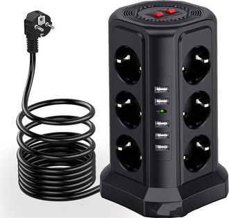 OEM Regleta De Enchufes Con Protecci&oacute;n Contra Sobretensiones, 5 Puertos Usb Y 12 Tomas De Corriente, Con 3 Interruptores, Color Negro