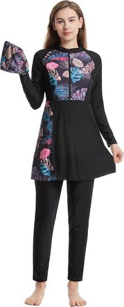Generic Women Muslim Swimsuit 3 Pieces Islamic Burkini Modest Swimwear Full Cover Rash Guard Long Sleeve Swim Top with Pants Hijab Swimming Costume Tankini Se