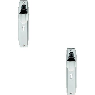 Loops 2x PAIR Line Detailed Door Knob on Lock Backplate 205 x 45mm Polished Chrome
