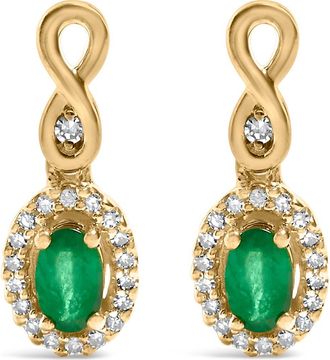 House of Brilliance 10K Yellow Gold Oval Green Emerald 5x3 mm and 1/7 Ct Diamond Dangle Earrings at Nordstrom
