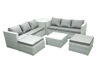 Fimous Rattan Garden Outdoor Furniture Set 8 Seater Rattan Garden Sofa Set with 2 Big Footstools Side Table Light Grey Mixed