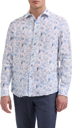 Bugatchi Julian Shaped Fit Abstract Print Linen Button-Up Shirt in Air Blue at Nordstrom, Size Xx-Large