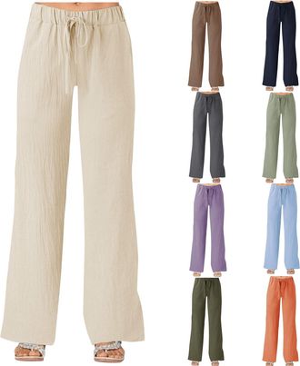 Generic Linen Trousers Womens Cotton Straight Wide Leg Drawstring Elastic Waist Pants Ladies Summer Casual Baggy Trousers Joggers UK White Elegant Loose Loung