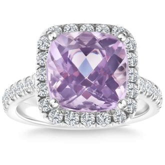 Pompeii3 6 1/4Ct Cushion Pink Kunzite & Diamond Halo Ring 14k Gold Lab Grown