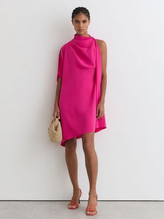 Reiss Pink One-shoulder Draped Mini Dress, 12