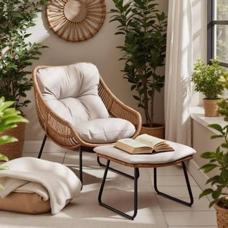 Furniturebox Tahiti Indoor / Outdoor Beige Rattan Chair & Footstool