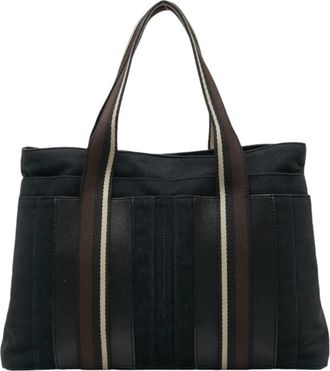 Herm&egrave;s Black Brown Canvas Leather Handbag Tote Bag (Pre-Owned)