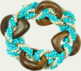 Meredith Frederick 14K Yellow Gold Link Bracelet with Wood, Turquoise and Pearls