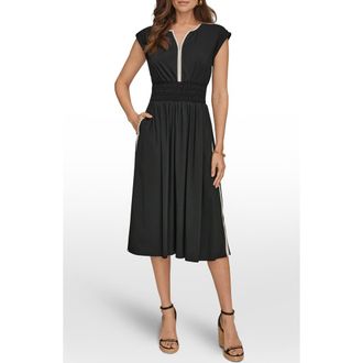 DKNY Cap Sleeve Piped Midi A-Line Dress in Black/Cream at Nordstrom, Size 10