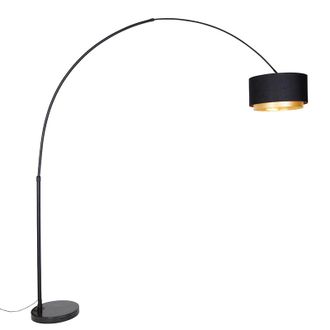 QAZQA Qazqa Moderno L&aacute;mpara De Pie De Arco Moderna Negra Con Doble Pantalla Negra Con Dorado - Xxl Acero /m&aacute;rmol /textil Alargada Adecuado Para Led Max. 1 X