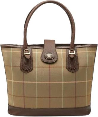 Burberry Pre-owned Tote Bags, female, Brown, Size: ONE SIZE Pre-owned Check Canvas Leather Tote Bag