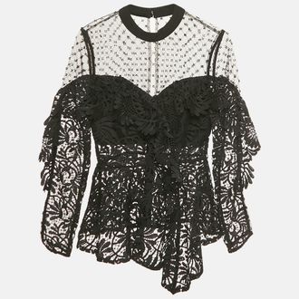 Self Portrait Black Beaded Tulle and Lace Top XS
