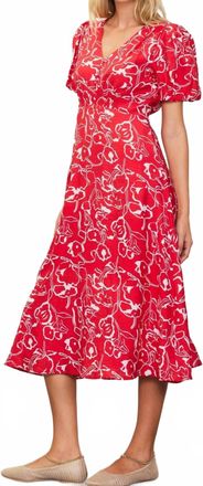 Skies Are Blue Clothing Puff Sleeve V-Neck Midi Dress In Red Floral
