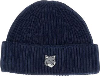 Maison Kitsun&eacute; Fox Head Large Beanie - Heren - Hoeden - Blauw - ONE Size - Wol - Accessoires