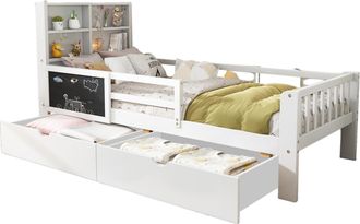 STILVORA Cama Infantil 90 X 200 Cm De Madera Y Mdf Con 2 Cajones, Pizarra Peque&ntilde;a Y Barandilla, Sin Colch&oacute;n, Blanco