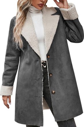 Generic Womens Winter Sherpa Lined Faux Suede Leather Jacket Oversized Notch Lapel Mid Long Overcoat (Dark Grey,XL)