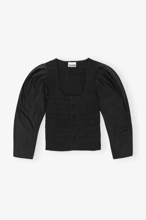 Ganni Black Cotton Poplin Smock Blouse - Size 10/12 Organic
