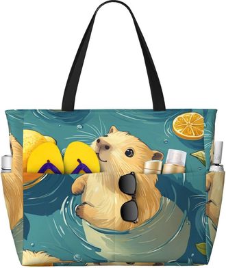 Generic Cute Capybara Print Large Beach Bag Foldable Travel Shoulder Tote Bag With Pocket For Weekender Pool Vacation