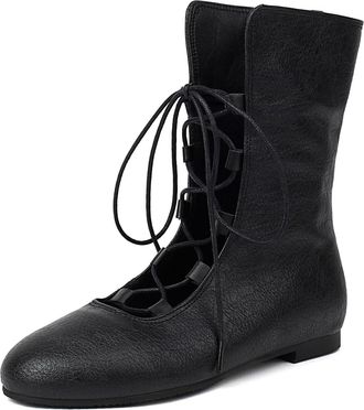 Generic Womens Lace Up Retro Dress Shoes Round Toe PU Leather Short Boots Flat Heel Casual Boots,Black,8.5 UK