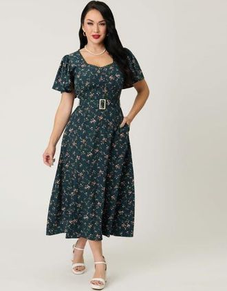 Unique Vintage Short Puff Sleeve Sweetheart Neck Godet Midi Dress in Teal Floral Print at Nordstrom, Size Large