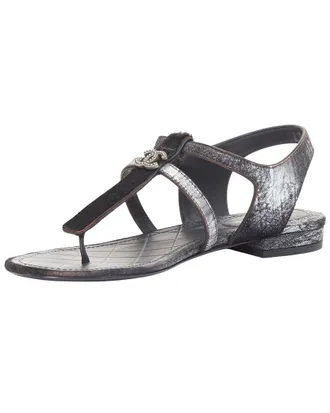 Chanel Womens Leather Metallic-Trim T-Strap Sandal (Authentic Pre-Loved)