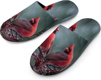 Generic Merry Christmas Cardinal Bird Mens Slippers Warm Non-Slip Houes Shose Spa Slipper for Home Bedroom