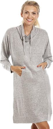 Camille Womens Super Soft Lounger - Knitted Hacci Knee Length Nightie - Cowl Neck Long Sleeved & Front Pocket X-Large Grey