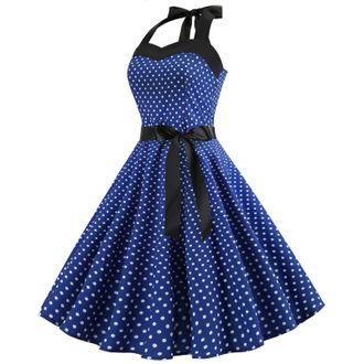Generic Womens 50s 60s Retro Halter Neck Polka Dot Print A Line Rockabilly Dress Sleeveless Backless Vintage Swing Prom Party Dresses Formal Knee Length Cockt