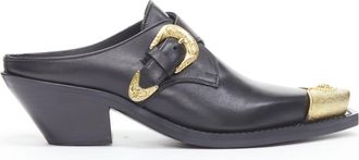 Versace 2019 black leather gold Medusa toe western buckle cuban mule EU37