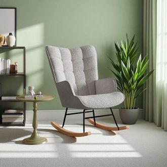 OEM Sill&oacute;n Mecedora Escandinavo De Terciopelo Teddy Gris Claro, Estructura De Madera Y Metal - 1 Plaza