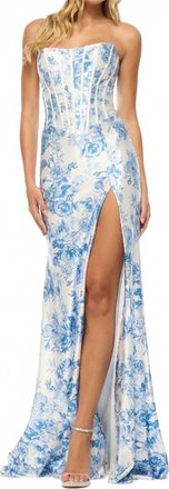 Sherri Hill Corset Bodice Floral Strapless Dress In Ivory/blue