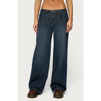 Edikted Heart Pocket Low Rise Wide Leg Jeans in Dark-Blue at Nordstrom, Size X-Small