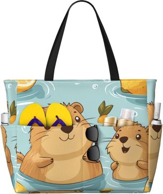 Generic Cute Capybara Print Large Beach Bag Foldable Travel Shoulder Tote Bag With Pocket For Weekender Pool Vacation