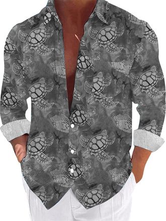 Generic Men Printed Shirt Men Hawaiian Shirt V Neck Loose Fit Casual Shirts Colorful Printed Breathable Shirts Long Sleeve Lightweight Vacation - Ready Blouse