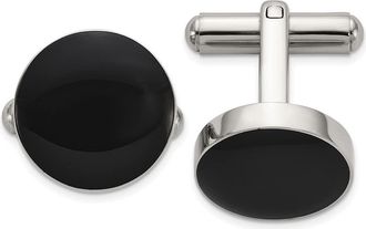 Diamond2Deal Stainless Steel Polished with Black Enameled Center Cuff Links