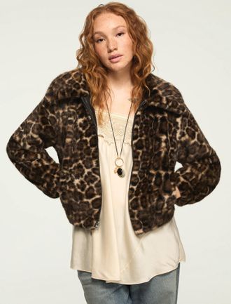 Lucky Brand Womens Leopard Faux Fur Coat