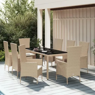 vidaXL Set Comedor De Jard&iacute;n 9 Pzas Con Cojines Rat&aacute;n Sint&eacute;tico Beige Vidaxl
