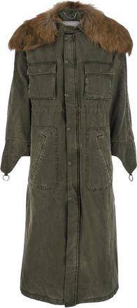 Blumarine Green Long Coat With Removable Fur Detail In Cotton Woman