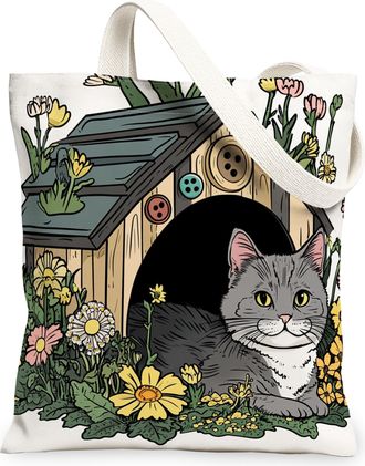 Generic Spring British Shorthair Cat Canvas Tote Bag for Shopping 13x15, Fun Flower Kitten House Reusable Grocery Print Pattern Bag for Women, Cute Pet Beach 