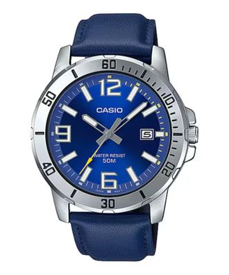 Casio Mens Blue Leather Strap Watch with Blue Dial - MTP-VD01L-2BV