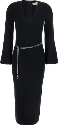 Michael Kors Wool Blend Belted Midi Dress - Dames - Kleedjes - Zwart - M - Wol - Kleedjes